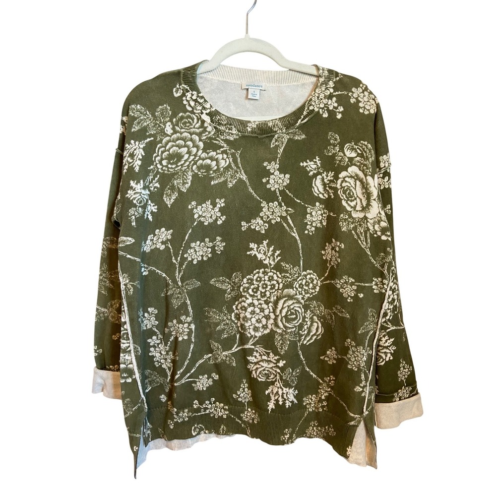 Sundance Womens Olive Green Floral‎ Cotton Knit Sweater Crew Neck Small